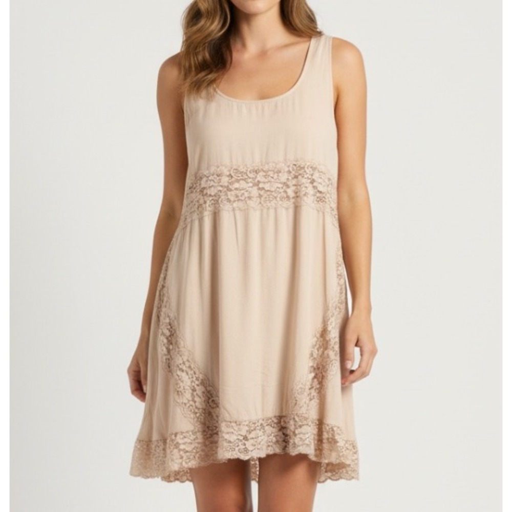 EASEL Beige SATIN Sheer FLORAL LACE DETAIL Sleeveless TUNIC TOP/MINI DRESS Sz M